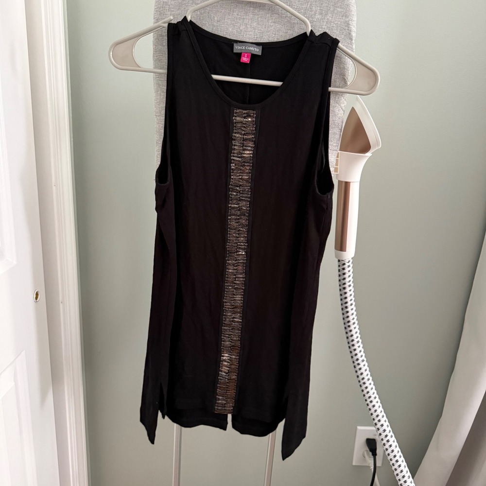 Vince Camuto Black Embellished Sleeveless Tunic Top S Metallic Y2K Party